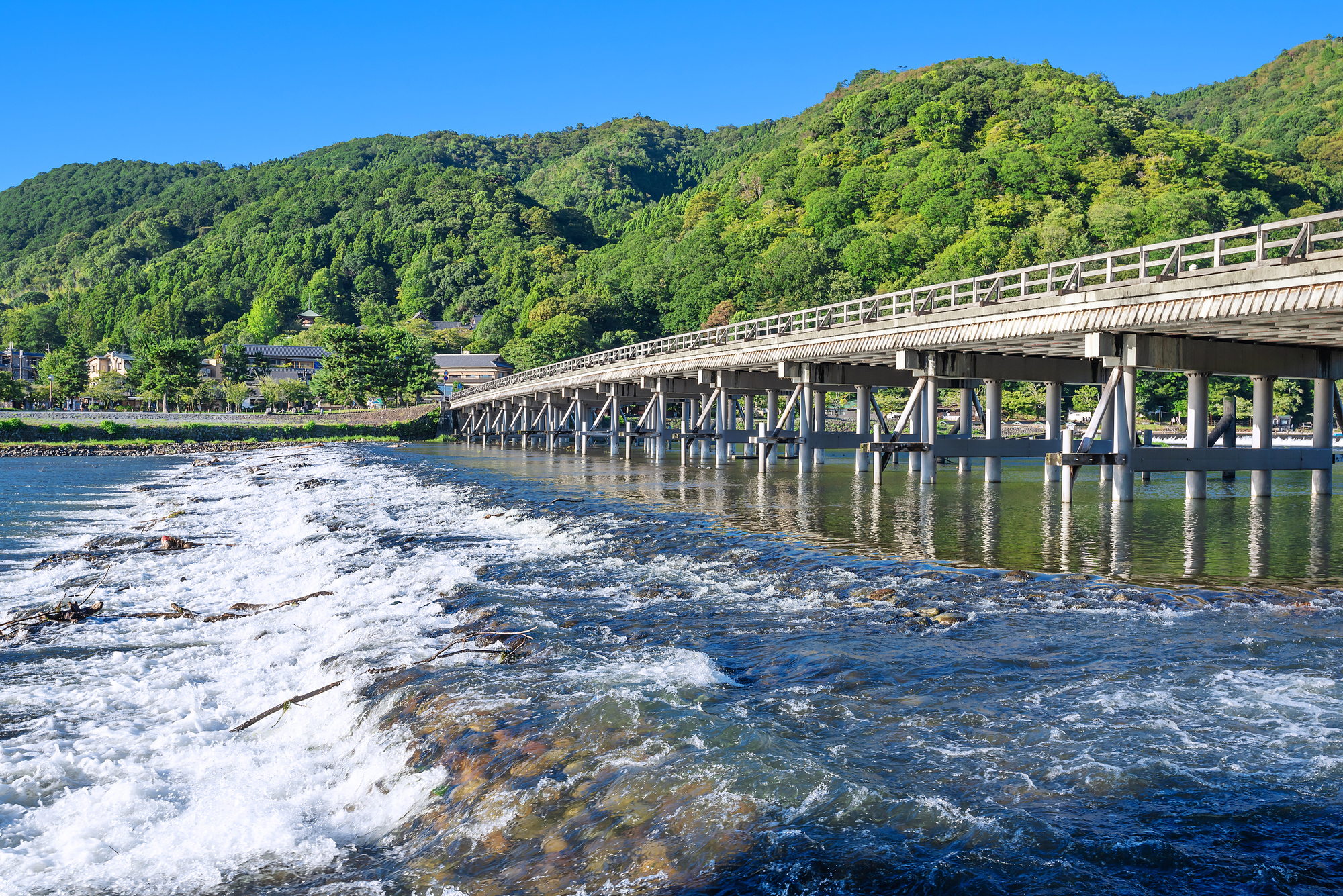 夏の嵐山・渡月橋と桂川(大堰川)の流れ