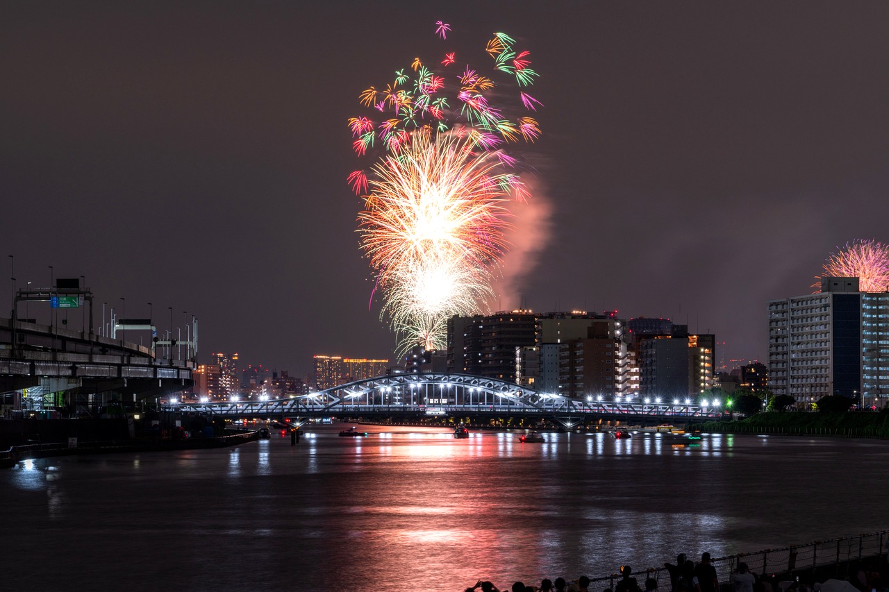 隅田川花火大会と白鬚橋の夜景