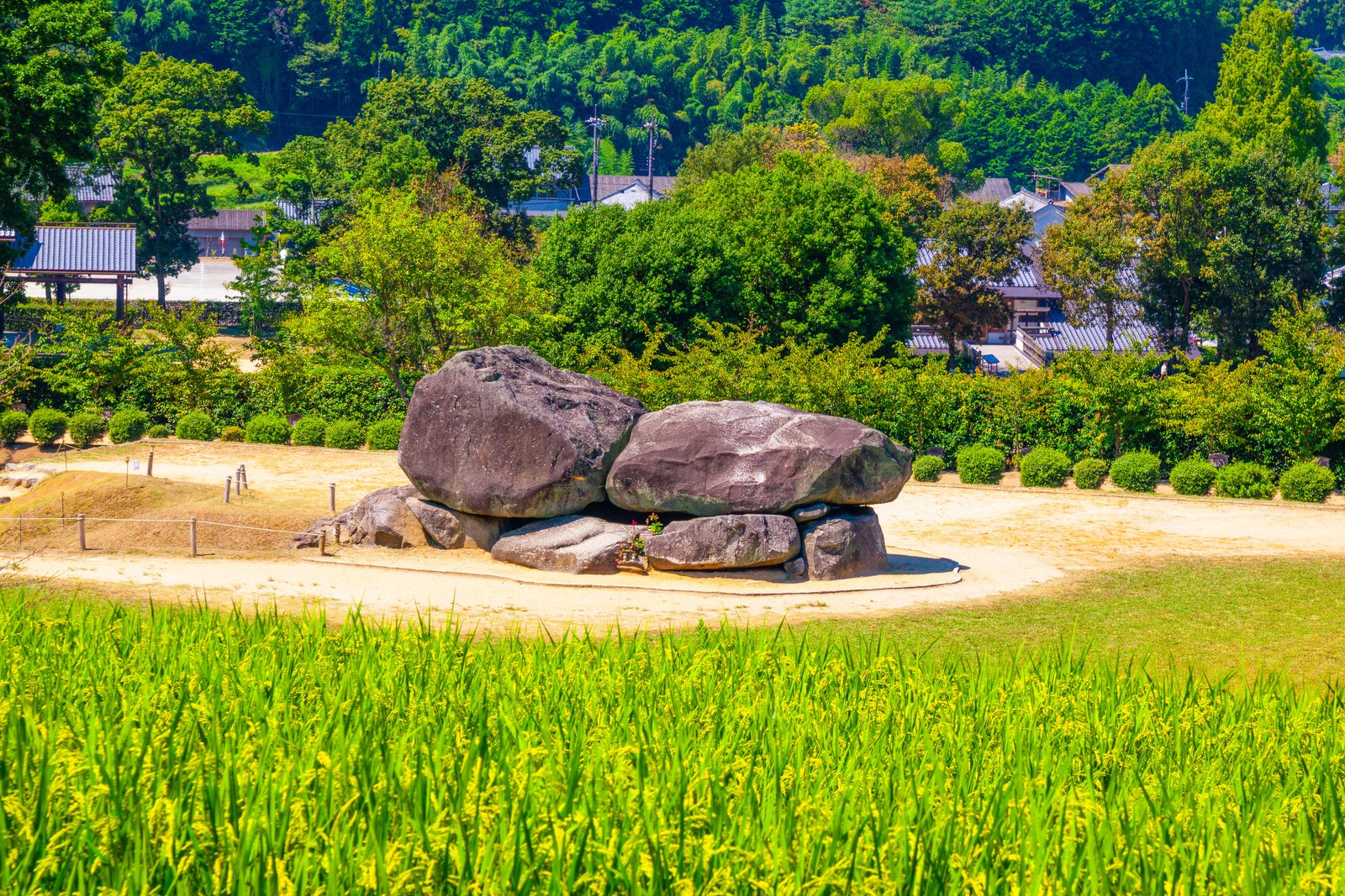 明日香村の石舞台古墳の巨石と手前の稲田