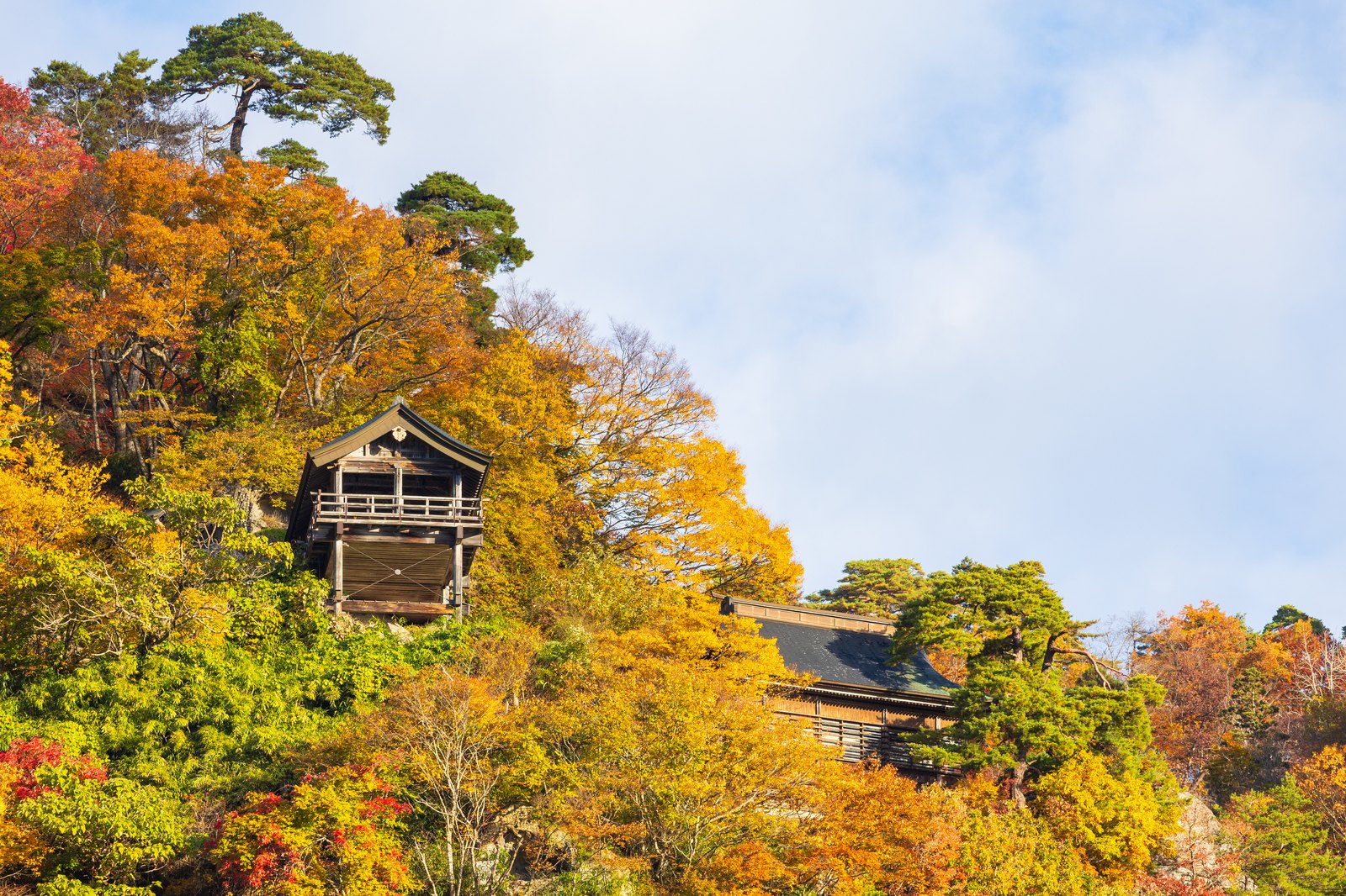 紅葉の斜面に建つ立石寺の堂宇(山形県山形市/写真=PIXTA)