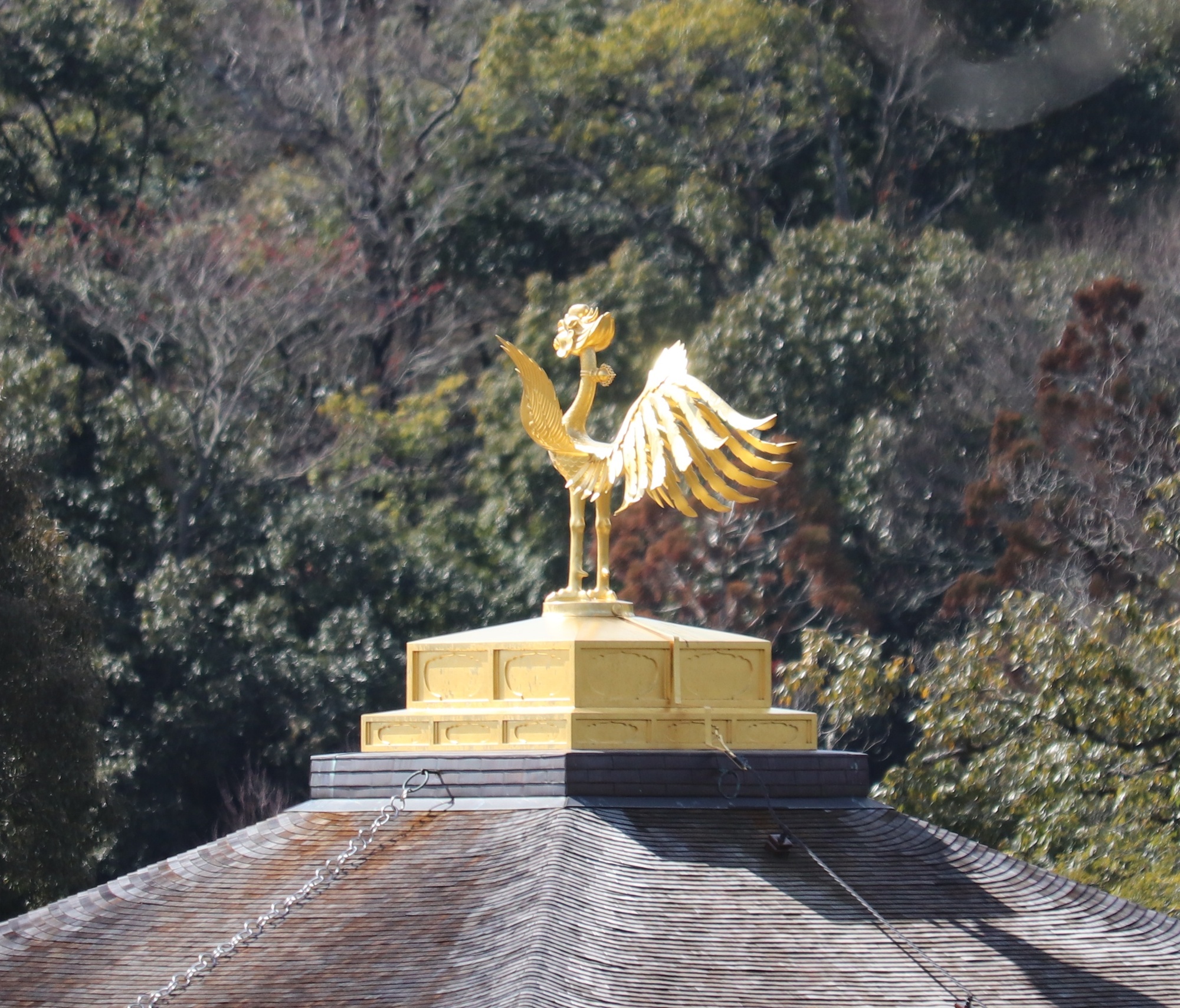 金閣の屋根の上に立つ金色の鳳凰