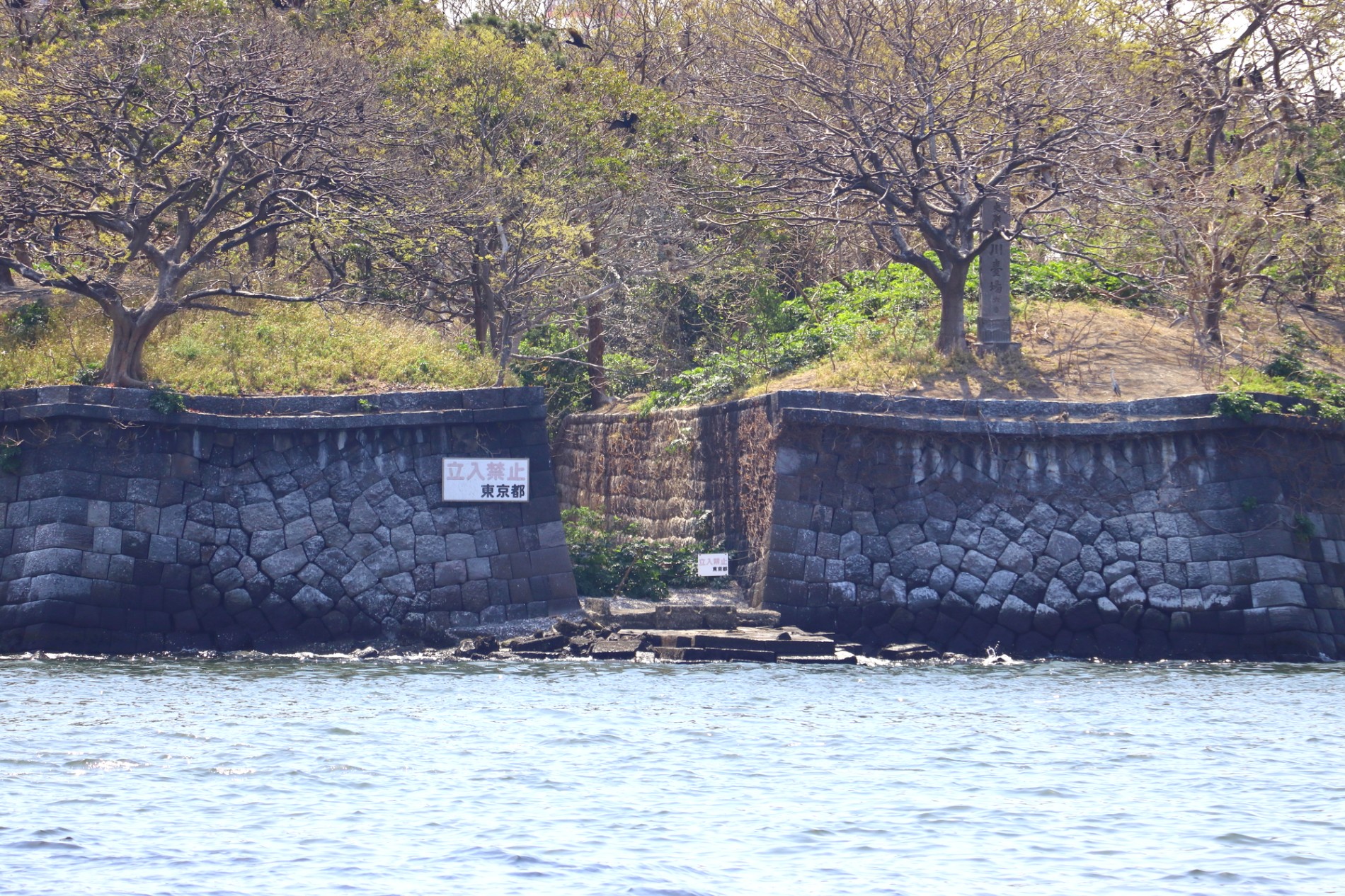 第六台場の上陸口に立つ石碑と立入禁止の標識。石垣の上に樹木が茂っている